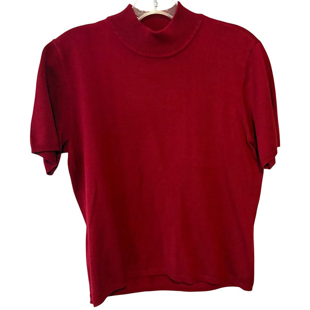 Kasper Burgundy Classic Mock Neck Short Sleeve 100% Silk Sweater in Size 8
